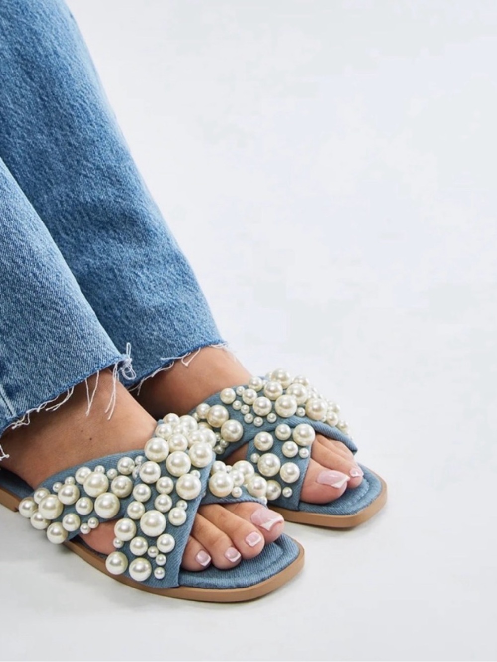 Blue Denim  Pearl-Embellished Slide Sandals for Women